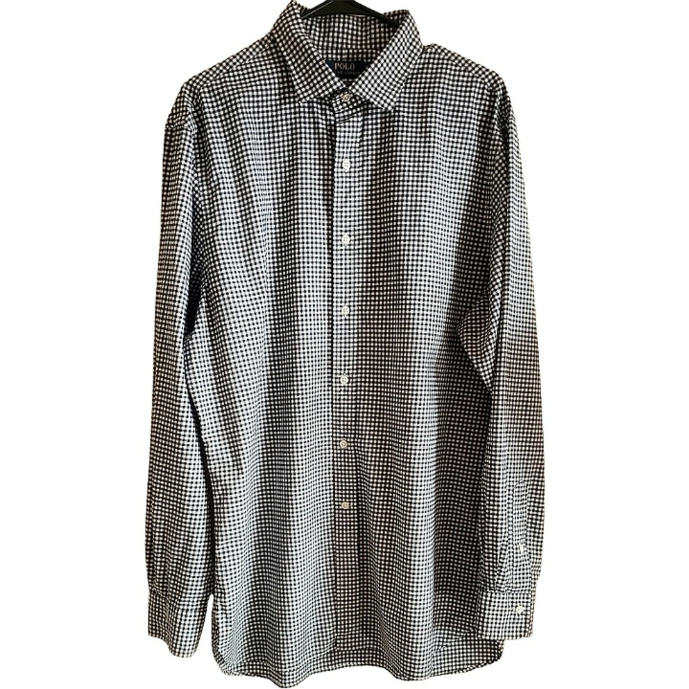 POLO Ralph Lauren Shirt Mens Black Checkered Slim Fit Preppy Size 17 1/2 44